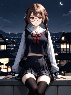 masterpiece, best quality, highres
,//Character, 
1girl, solo,SakimiyaMisaki, brown hair, twin braids, brown eyes, glasses, red-framed eyewear
,//Fashion, 
school uniform, hair ornament, hairclip, pleated skirt, black thighhighs
,//Background, 
,//Others, ,Expressiveh, 
A twin-tailed assassin girl perched on a rooftop, observing a medieval fantasy city at night.,Samurai_Girl