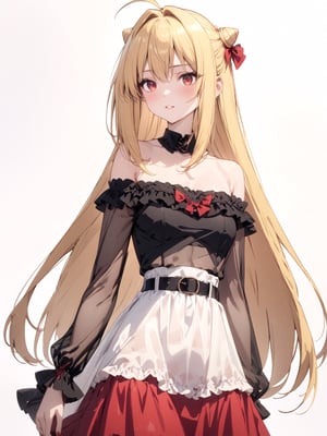 //Quality, masterpiece, best quality, detailmaster2, 8k, 8k UHD, ultra detailed, ultra-high resolution, ultra-high definition, highres, 
//Character, 1girl, solo,Terakomari, long hair, blonde hair, red eyes, ahoge, 
//Fashion, frills, off shoulder, hair bun, dress, see-through, off-shoulder dress,
//Background, white background, 
//Others, 