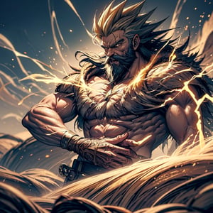 masterpiece,best quality,highly detailed, intricate design, Santa, white beard, gentle smile,a character who is getting power from energy coming from his hand is seen, super saiyan, 1boy, solo, male focus, aura, open mouth, muscular,kamehameha