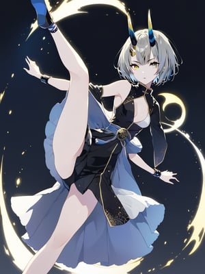 best quality, 8k, 8k UHD, ultra-high resolution, ultra-high definition, highres
,//Character, 
1girl, solo
,//Fashion, 
,//Background, 
,//Others, ,Expressiveh, 
Ataru, short hair, grey hair, yellow eyes, heterochromia, glowing, single horn, dress, legs,
A martial artist mid-kick, her gi revealing a glimpse of athletic physique.