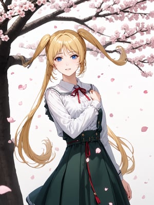 masterpiece, best quality, highres
,//Character, 
1girl, solo,MiaChristoph, long hair, blonde hair, twintails, blue eyes
,//Fashion, 

,//Background, white background
,//Others, ,Expressiveh, 
A shy schoolgirl peeking from behind a cherry blossom tree, soft petals falling around her.