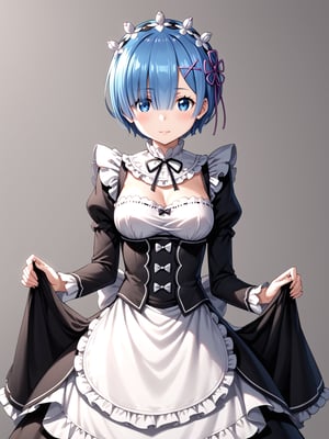 masterpiece, best quality, detailmaster2, 8k, 8k UHD, ultra detailed, ultra-high resolution, ultra-high definition, highres, 
//Background, white_background,
//Character, ,rem \(re_zero\), 1girl, solo, blue eyes, blue hair, short hair, 
//Fashion, ,roswaal mansion maid uniform, hair ribbon
//Others, 