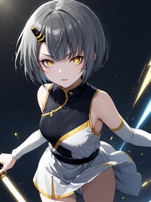 best quality, 8k, 8k UHD, ultra-high resolution, ultra-high definition, highres
,//Character, 
1girl, solo
,//Fashion, 
,//Background, 
,//Others, ,Expressiveh, 
Ataru, short hair, grey hair, yellow eyes, heterochromia, glowing, single horn, dress, open legs,
A female martial artist demonstrating a complex kata, her gi in motion