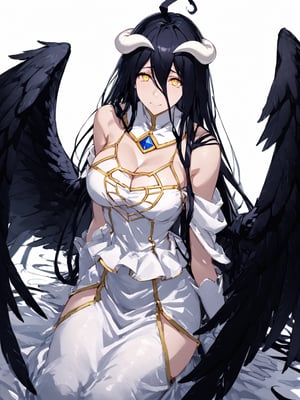 score_9,score_8_up,score_7_up,score_6_up, masterpiece, best quality
,//Character, 
1girl, solo,albedo \(overlord\), long hair, black hair, hair between eyes, yellow eyes, horns, ahoge, black wings, feathered wings, low wings
,//Fashion, 
white gloves, white dress, bare shoulders, detached collar, cleavage, slit pupils
,//Background, white_background
,//Others,
kneeling, tearful,Expressiveh