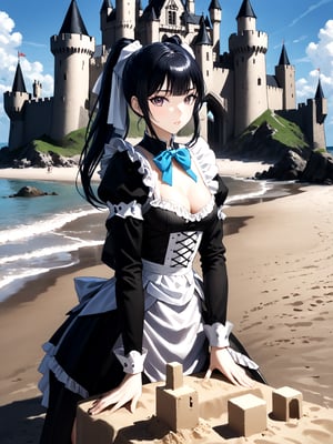 score_9,score_8_up,score_7_up,score_6_up, masterpiece, best quality, highres
,//Character, 
1girl, solo,narberal gamma \(overlord\), long hair, black hair, glay eyes, bangs, ponytail, medium breats
,//Fashion, 
maid
,//Background, 
,//Others, ,Expressiveh, 
A girl building a sandcastle on a beach, but the castle is emerging as a full-sized, realistic medieval fortress.