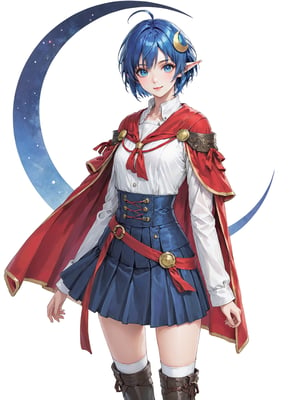 //Quality, masterpiece, best quality, detailmaster2, 8k, 8k UHD, ultra detailed, ultra-high resolution, ultra-high definition, highres, 
//Character, 1girl, solo, blue eyes, short hair, blue hair, pointy ears, ahoge,
//Fashion, red cape, skirt, thighhighs, crescent hair ornament,
//Background, white background, 
//Others, looking at viewer, smile, 
