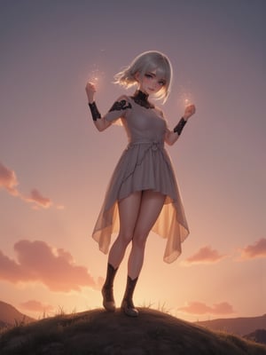 best quality, 8k, 8k UHD, ultra-high resolution, ultra-high definition, highres
,//Character, 
1girl, solo
,//Fashion, 
dress
,//Background, 
,//Others, ,Expressiveh,
The girl standing triumphantly atop a hill, silhouetted against a beautiful sunset. She's holding a magical artifact that glows with rainbow colors. Her posture is confident, and a smile of accomplishment lights up her face. Fireflies dance around her, adding a magical touch to the scene.,2bEimi