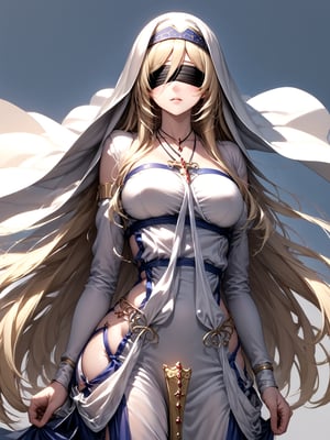 best quality, 8k, 8k UHD, ultra-high resolution, ultra-high definition, highres
,//Character, 
1girl, solo
,//Fashion, 
,//Background, 
,//Others, ,Expressiveh, 
SwordMaiden, long hair, blonde hair, blindfold, dress, 
Knight with long blonde hair slashing at multiple small black slimes, village houses in the distance, determination in her eyes