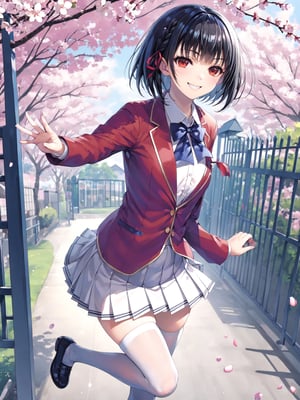 //Quality,
masterpiece, best quality, detailed
,//Character,
,HorikitaSuzune, 1girl, solo, short hair, black hair, shiny hair, red eyes, bangs, braid
,//Fashion,
school uniform, red jacket, hair ribbon, white shirt, pleated skirt, thighhighs
,//Background,
Cherry blossoms, school gate
,//Others,
graduation, smile