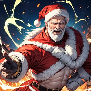 masterpiece,best quality,highly detailed, Santa, white beard, gentle smile,a character who is getting power from energy coming from his hand is seen, super saiyan, 1boy, solo, male focus, aura, open mouth, muscular, kamehameha, charging,