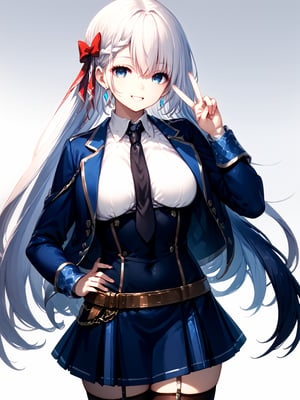 score_9,score_8_up,score_7_up,score_6_up, masterpiece, best quality
,//Character, 
1girl, solo,RiseliaRayCrystalia, very long hair, white hair, braid, blue eyes, medium breasts
,//Fashion, 
earrings, hair bow, long sleeves, white shirt, collared shirt, black necktie, blue jacket, blue skirt, pleated skirt, black thighhighs, belt
,//Background, white_background
,//Others,
making a V sign, smile,Expressiveh