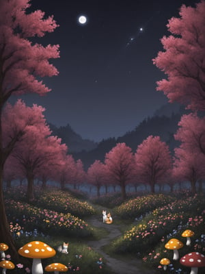 A whimsical forest scene at nighttime. Two foxes, one sitting and one standing, are the central figures, surrounded by a myriad of colorful flowers, mushrooms, and trees. Above the foxes, a large red and yellow mushroom stands out. The background is dark, possibly representing the night sky, dotted with tiny specks that could be stars or fireflies. Birds, including a pink one, can be seen perched on branches. The entire scene exudes a magical and serene ambiance.,score_9