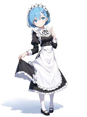 //Quality,
masterpiece, best quality, detailed
,//Character,
solo,rem \(re_zero\), 1girl, blue eyes, blue hair, short hair
,//Fashion,
roswaal mansion maid uniform, hair ribbon
,//Background,
white_background, simple_background
,//Others,
full_body