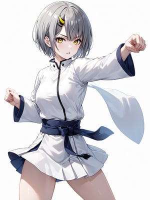 A martial artist mid-kick, her gi revealing a glimpse of athletic physique.
best quality, 8k, 8k UHD, ultra-high resolution, ultra-high definition, highres
,//Character, 
1girl, solo
,//Fashion, 
,//Background, 
,//Others, ,Expressiveh, 
Ataru, short hair, grey hair, yellow eyes, heterochromia, glowing, single horn, dress, legs,
A martial artist mid-kick, her gi revealing a glimpse of athletic physique.