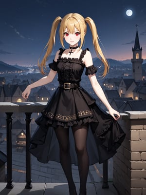 masterpiece, best quality, highres
,//Character, 
1girl, solo,AmaneMisa, twintails, blonde hair, red eyes, sidelocks
,//Fashion, 
black dress, sleeveless, bare shoulders, collarbone, choker, skirt, frills, belt, black pantyhose, cross
,//Background, 
,//Others, ,Expressiveh, 
A twin-tailed assassin girl perched on a rooftop, observing a medieval fantasy city at night.