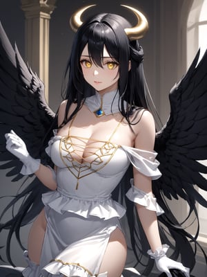 masterpiece, best quality, highres
,//Character, 
1girl, solo,albedo \(overlord\), long hair, black hair, hair between eyes, yellow eyes, horns, ahoge, black wings, feathered wings, low wings
,//Fashion, 
white gloves, white dress, bare shoulders, detached collar, cleavage, slit pupils
,//Background, 
,//Others, ,Expressiveh, 
A young girl with heterochromatic eyes, wearing an elaborate gothic lolita dress, standing confidently in a grand throne room.