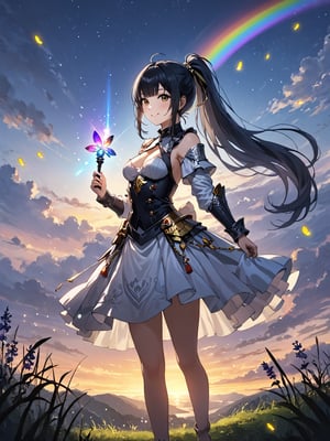 score_9,score_8_up,score_7_up,score_6_up, masterpiece, best quality, highres
,//Character, 
1girl,narberal gamma \(overlord\), long hair, black hair, glay eyes, bangs, ponytail, medium breats
,//Fashion, 

,//Background, 
,//Others, ,Expressiveh, 
The girl standing triumphantly atop a hill, silhouetted against a beautiful sunset. She's holding a magical artifact that glows with rainbow colors. Her posture is confident, and a smile of accomplishment lights up her face. Fireflies dance around her, adding a magical touch to the scene.