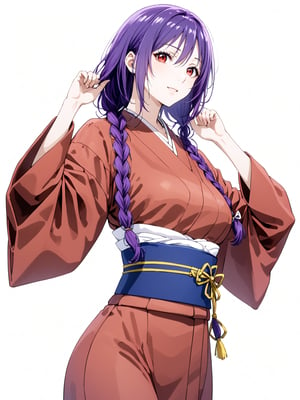 masterpiece, best quality, highres
,//Character, 
1girl, solo,AobaYuzuki, long hair, purple hair, single braid, red eyes
,//Fashion, 
hair ribbon, yellow ribbon, hair over shoulder, red kimono, long sleeves, obi
,//Background, white background
,//Others, ,Expressiveh, 
