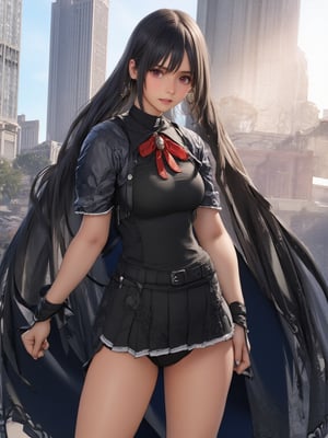 best quality, 8k, 8k UHD, ultra-high resolution, ultra-high definition, highres
,//Character, 
1girl, solo
,//Fashion, 
,//Background, 
,//Others, ,Expressiveh,
long hair, black hair, red eyes, hoop earrings, black serafuku, sailor collar, black shirt, red neckerchief, armband, pleated skirt, black skirt,2bEimi