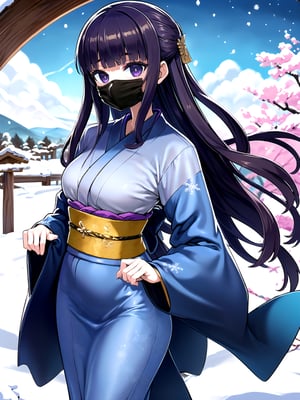 //Quality,
(masterpiece), (best quality), 8k illustration,
,//Character,
1girl, solo, 
,//Fashion,
details (dark blue silk brocade kimono)
,//Background,
Kyoto, outdoors, winter, snow
,//Others,
chin mask,goodbye,aafern, long hair