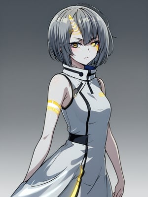 best quality, 8k, 8k UHD, ultra-high resolution, ultra-high definition, highres
,//Character, 
1girl, solo
,//Fashion, 
,//Background, 
,//Others, ,Expressiveh,
Ataru, short hair, grey hair, yellow eyes, heterochromia, glowing, single horn, dress, skirt