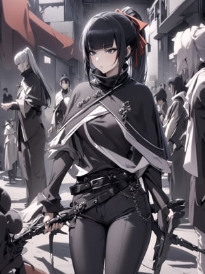 //Quality,
masterpiece, best quality, detailed
,//Character,
1girl, solo
,//Fashion,
,//Background,
,//Others,
,narberal gamma \(overlord\), 1girl, long hair, black hair, glay eyes, bangs, ponytail, medium breats, hair ribbon, long sleeves, capelet, belt, pants, weapon