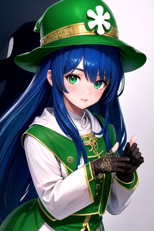 //Character, 1girl, solo,MariaTraitor_SO3, green eyes, long hair, blue hair, 
//Fashion, , gloves, pantyhose, 
//Background, simple background, 
//Quality, (masterpiece), best quality, ultra-high resolution, ultra-high definition, highres, intricate, intricate details, absurdres, highly detailed, finely detailed, ultra-detailed, ultra-high texture quality, natural lighting, natural shadow, dramatic shading, dramatic lighting, vivid colour, perfect hands, perfect fingers, perfect anatomy, 
//Others, smile, Saint Patrick's Day, clover hat
