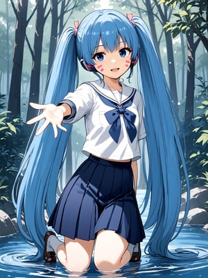 best quality, 8k, 8k UHD, ultra-high resolution, ultra-high definition, highres
,//Character, 
1girl, solo, hermit mio, long hair, blue hair, twintails, blue eyes, facial mark
,//Fashion, 
school_uniform
,//Background, 
,//Others, ,Expressiveh,
The same girl kneeling by a sparkling stream in the forest. She's reaching out to touch a glowing, fairy-like creature hovering above the water. The creature emits a soft blue light. The girl's expression is one of wonder and curiosity.