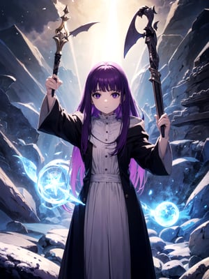 (masterpiece, top quality, best quality, official art, beautiful and aesthetic:1.2), 1girl, standing, hands up, close-up, magic, light rays, girl, snowy mountain, magician's wand, magician, spell magic, style-swirlmagic:0.8, (using dark magic:1.4),fern, purple_hair, purple_eyes