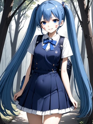 best quality, 8k, 8k UHD, ultra-high resolution, ultra-high definition, highres
,//Character, 
1girl, solo, hermit mio, long hair, blue hair, twintails, blue eyes, facial mark
,//Fashion, 
school_uniform
,//Background, 
,//Others, ,Expressiveh,
A young girl with long brown hair and bright eyes, standing at the edge of a magical forest. She's wearing a simple dress and holding a small backpack. Sunlight filters through the trees, creating a mystical atmosphere. The girl looks excited and slightly nervous.