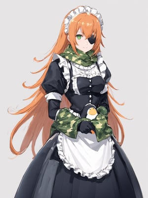 score_9,score_8_up,score_7_up,score_6_up, masterpiece, best quality
,//Character, 
1girl, solo,cz2128_delta \(overlord\), long hair, green eyes, orange hair, eyepatch
,//Fashion, 
maid, maid headdress, camouflage, green scarf, gloves, dress, armor
,//Background, white_background
,//Others,
(holding large Stuffed Penguin:1.3)