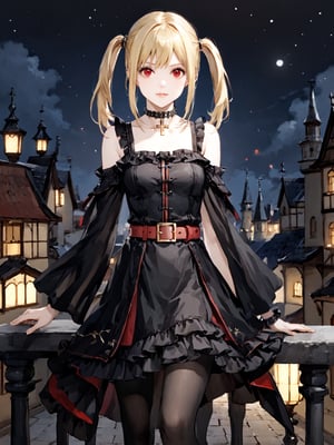 masterpiece, best quality, highres
,//Character, 
1girl, solo,AmaneMisa, twintails, blonde hair, red eyes, sidelocks
,//Fashion, 
black dress, sleeveless, bare shoulders, collarbone, choker, skirt, frills, belt, black pantyhose, cross
,//Background, 
,//Others, ,Expressiveh, 
A twin-tailed assassin girl perched on a rooftop, observing a medieval fantasy city at night.