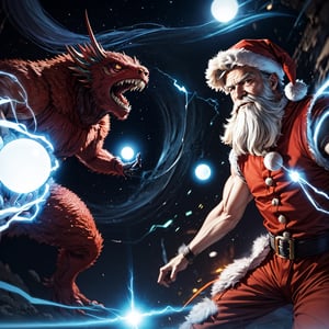 masterpiece,best quality,highly detailed, intricate design, Santa, white beard, gentle smile,looking at another, Close-up of Santa, charging, (energy ball), electricity, aura, kamehameha , BREAK universe, duel, looking at another, kaijuu, giant monster,ApproachingMe