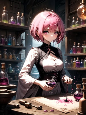 best quality, 8k, 8k UHD, ultra-high resolution, ultra-high definition, highres
,//Character, 
1girl, solo
,//Fashion, 
,//Background, 
,//Others, ,Expressiveh, 
Alural, short hair, pink hair, pink eyes, dress, Female alchemist mixing potions in a cluttered workshop, scrolls with strange symbols, focused expression, vial with swirling black liquid