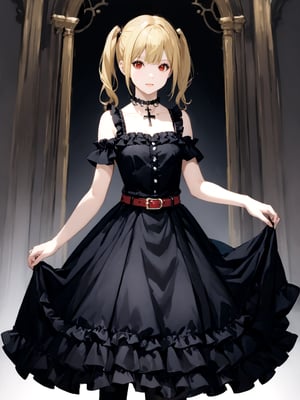 masterpiece, best quality, highres
,//Character, 
1girl, solo,AmaneMisa, twintails, blonde hair, red eyes, sidelocks
,//Fashion, 
black dress, sleeveless, bare shoulders, collarbone, choker, skirt, frills, belt, black pantyhose, cross
,//Background, 
,//Others, ,Expressiveh, 
A young girl with heterochromatic eyes, wearing an elaborate gothic lolita dress, standing confidently in a grand throne room.