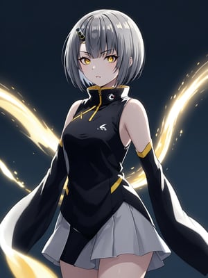 best quality, 8k, 8k UHD, ultra-high resolution, ultra-high definition, highres
,//Character, 
1girl, solo
,//Fashion, 
,//Background, 
,//Others, ,Expressiveh, 
Ataru, short hair, grey hair, yellow eyes, heterochromia, glowing, single horn, dress, legs,
A female martial artist demonstrating a complex kata, her gi in motion