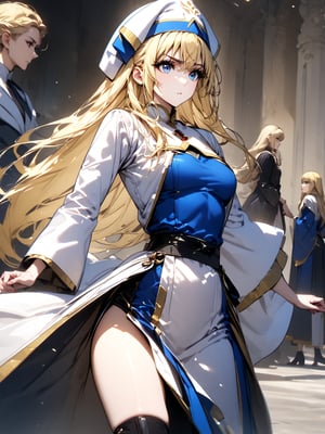 best quality, 8k, 8k UHD, ultra-high resolution, ultra-high definition, highres
,//Character, 
1girl, solo
,//Fashion, 
,//Background, 
,//Others, ,Expressiveh, 
priestess, long hair, blonde hair, blue eyes, dress,
A female martial artist demonstrating a complex kata, her gi in motion