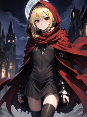 //Quality,
masterpiece, best quality, detailed
,//Character,
,Evileye \(overlord\), 1girl, solo, blonde hair, red eyes, hair between eyes, small breasts
,//Fashion,
hood, black dress, torn clothes, covered navel, red cloak, hooded cloak, black thighhighs, torn thighhighs, boots, black footwear
,//Background,
night_sky, starry_sky
,//Others,
hood down, arms at sides