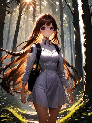 A young girl with long brown hair and bright eyes, standing at the edge of a magical forest. She's wearing a simple dress and holding a small backpack. Sunlight filters through the trees, creating a mystical atmosphere. The girl looks excited and slightly nervous.
best quality, 8k, 8k UHD, ultra-high resolution, ultra-high definition, highres
,//Character, 
1girl, solo
,//Fashion, 
,//Background, 
,//Others, ,Expressiveh,
elhaym_van_houten, long hair, brown hair, purple eyes, dress