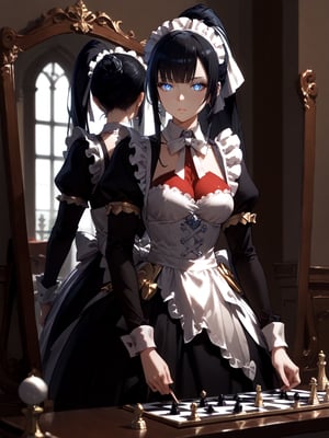 score_9,score_8_up,score_7_up,score_6_up, masterpiece, best quality, highres
,//Character, 
1girl, solo,narberal gamma \(overlord\), long hair, black hair, glay eyes, bangs, ponytail, medium breats
,//Fashion, 
maid
,//Background, 
,//Others, ,Expressiveh, 
A girl playing chess with her own reflection in a mirror, but the reflection is moving the pieces independently.
