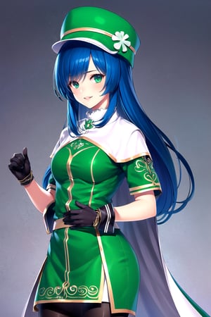 //Character, 1girl, solo,MariaTraitor_SO3, green eyes, long hair, blue hair, 
//Fashion, , gloves, pantyhose, 
//Background, simple background, 
//Quality, (masterpiece), best quality, ultra-high resolution, ultra-high definition, highres, intricate, intricate details, absurdres, highly detailed, finely detailed, ultra-detailed, ultra-high texture quality, natural lighting, natural shadow, dramatic shading, dramatic lighting, vivid colour, perfect hands, perfect fingers, perfect anatomy, 
//Others, smile, Saint Patrick's Day, clover hat