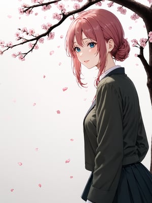 masterpiece, best quality, highres
,//Character, 
1girl, solo,MiaChristoph
,//Fashion, 

,//Background, white background
,//Others, ,Expressiveh, 
A shy schoolgirl peeking from behind a cherry blossom tree, soft petals falling around her.