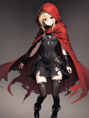 //Quality,
masterpiece, best quality, detailed
,//Character,
,Evileye \(overlord\), 1girl, solo, blonde hair, red eyes, hair between eyes, small breasts
,//Fashion,
hood, black dress, torn clothes, covered navel, red cloak, hooded cloak, black thighhighs, torn thighhighs, boots, black footwear
,//Background,
night_sky, starry_sky
,//Others,
hood down, arms at sides