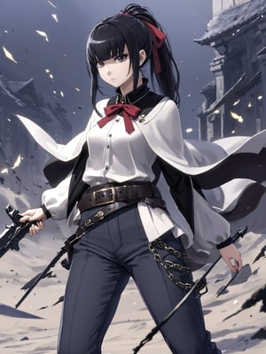 //Quality,
masterpiece, best quality, detailed
,//Character,
1girl, solo
,//Fashion,
,//Background,
,//Others,
,narberal gamma \(overlord\), 1girl, long hair, black hair, glay eyes, bangs, ponytail, medium breats, hair ribbon, long sleeves, capelet, belt, pants, weapon