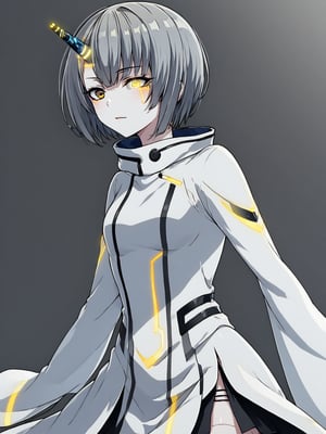 best quality, 8k, 8k UHD, ultra-high resolution, ultra-high definition, highres
,//Character, 
1girl, solo
,//Fashion, 
,//Background, 
,//Others, ,Expressiveh,
Ataru, short hair, grey hair, yellow eyes, heterochromia, glowing, single horn, dress, skirt