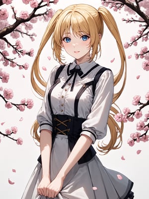 masterpiece, best quality, highres
,//Character, 
1girl, solo,MiaChristoph, long hair, blonde hair, twintails, blue eyes
,//Fashion, 

,//Background, white background
,//Others, ,Expressiveh, 
A shy schoolgirl peeking from behind a cherry blossom tree, soft petals falling around her.