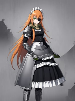 //Quality,
masterpiece, best quality, detailed
,//Character,
,cz2128_delta \(overlord\), 1girl, solo, long hair, green eyes, orange hair, eyepatch, cross pupils, expressionless
,//Fashion,
maid, maid headdress, camouflage, green scarf, gloves, dress, boots, armor
,//Background,
battle ground
,//Others,
holding gun