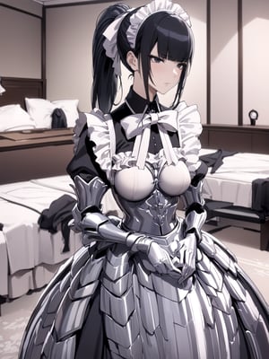 //Quality,
masterpiece, best quality, detailed
,//Character,
1girl, solo
,//Fashion,
,//Background,
hotel room
,//Others,
,narberal gamma \(overlord\), 1girl, long hair, black hair, glay eyes, bangs, ponytail, medium breats, ribbon, bow, maid, dress, armor, gloves, 