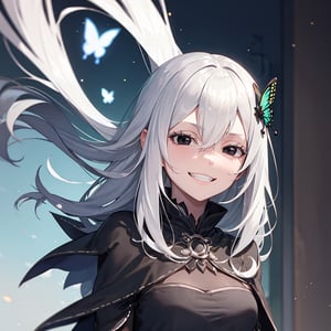 1 Girl, special ability, night, starry sky, shadow, detailed background, echidna, colored eyelashes, white hair, hair between eyes, long hair, straight hair, (black eyes:1.5),BREAK black capelet, black dress, butterfly hair ornament, capelet, dress, hair ornament, IncrsAnyasHehFaceMeme,grin