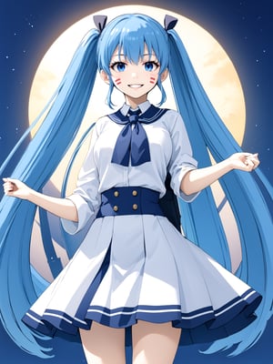 best quality, 8k, 8k UHD, ultra-high resolution, ultra-high definition, highres
,//Character, 
1girl, solo, hermit mio, long hair, blue hair, twintails, blue eyes, facial mark
,//Fashion, 
school_uniform
,//Background, 
,//Others, ,Expressiveh,
The girl standing triumphantly atop a hill, silhouetted against a beautiful sunset. She's holding a magical artifact that glows with rainbow colors. Her posture is confident, and a smile of accomplishment lights up her face. Fireflies dance around her, adding a magical touch to the scene.